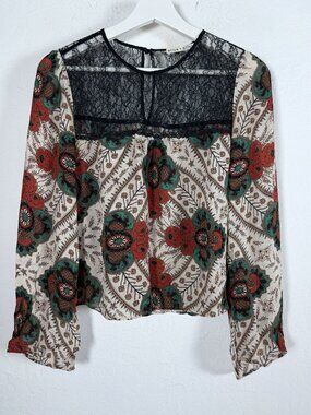Alice + Olivia Womens Silk Black Lace Yoke Paisley Floral Top Blouse Boho Multi